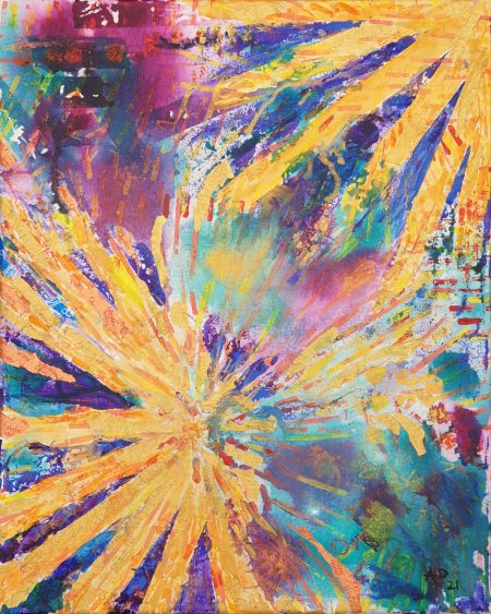 Abstract painting of an explosion. Has a deep purple and blue background, with orange foreground explosion elements with orange-golden foil mixed in.