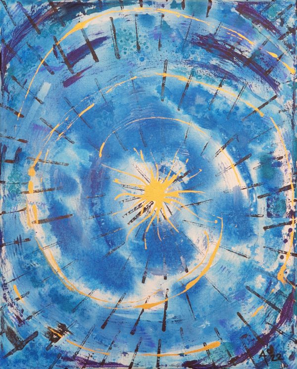 Abstract painting of 'light breaking through'. Uses blue and white elements in a spiral pattern, with gold and black foreground elements.