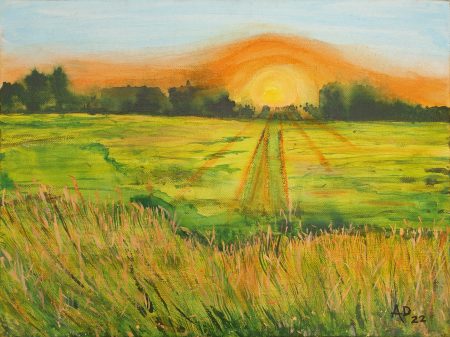 Painting of a sunset across a grassy plain with a woodland in the background.