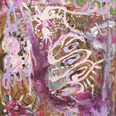 Abstract painting of the first appearance of spring, using a range of purple tones.